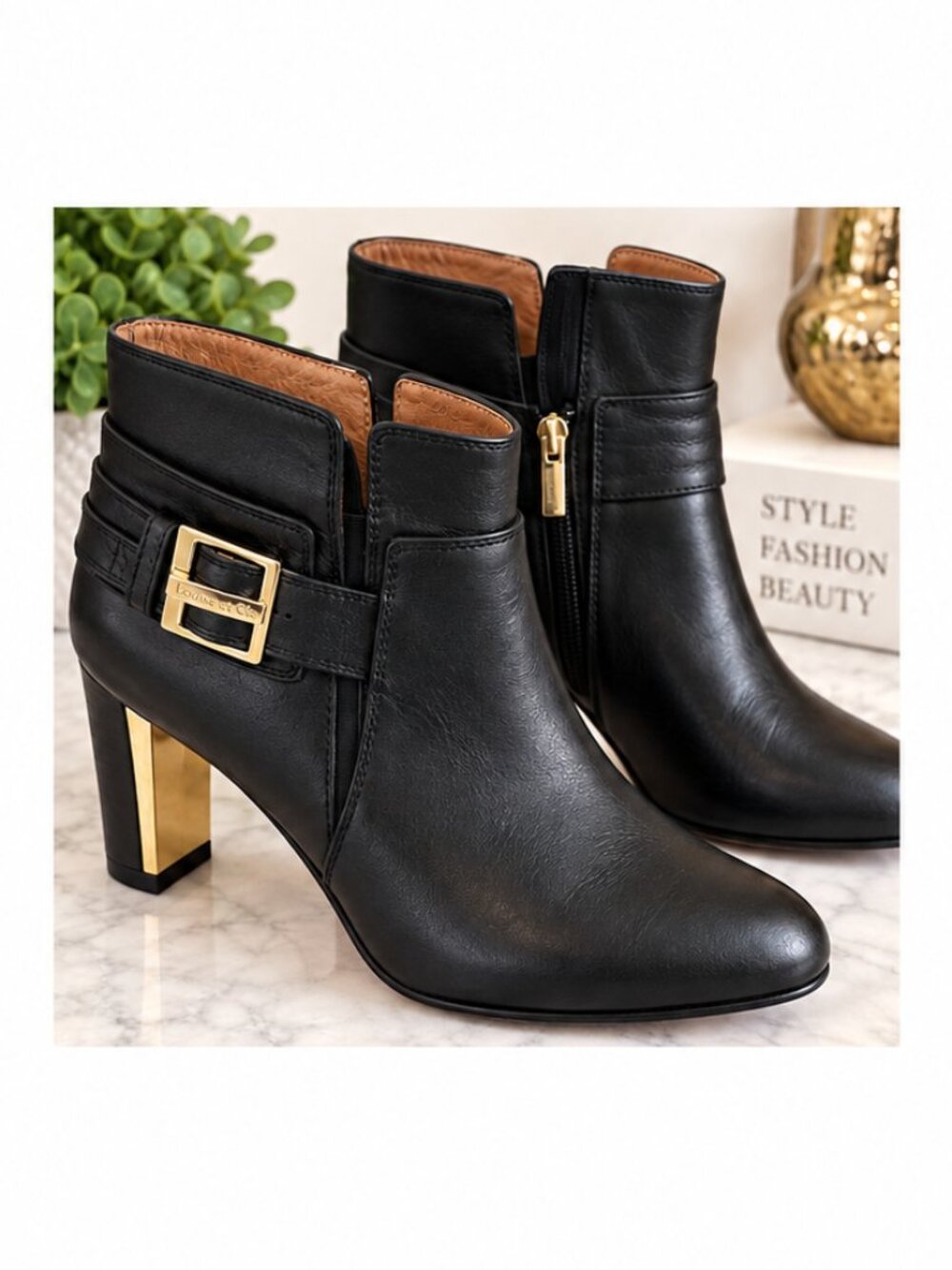 Louise et Cie Black Leather Ankle Boots Gold Buckle Size 6M